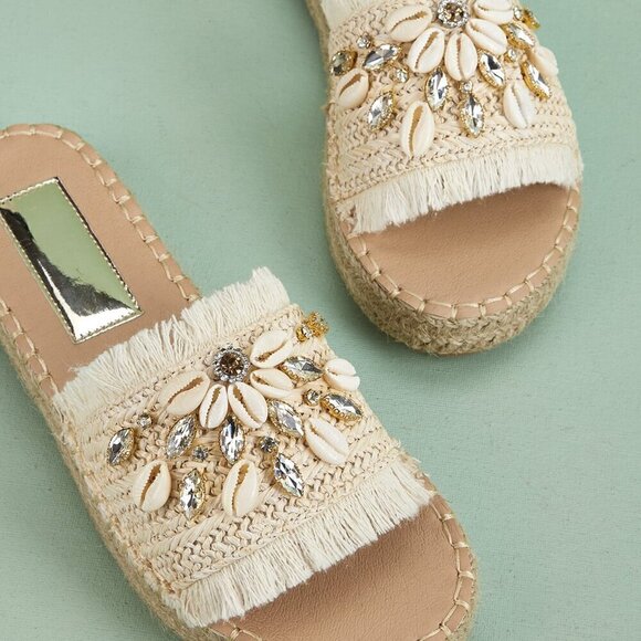 Beige Vacation Women's Rhinestone & Shell Decor Espadrille Sandals - Picture 3 of 4